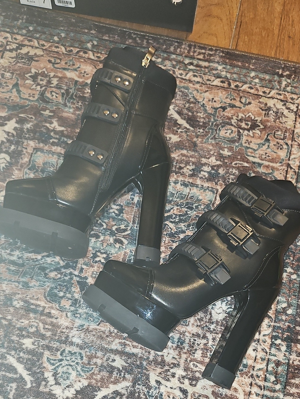 AKIRA Black Platform Buckle Strap High-Heel Ankle Boots